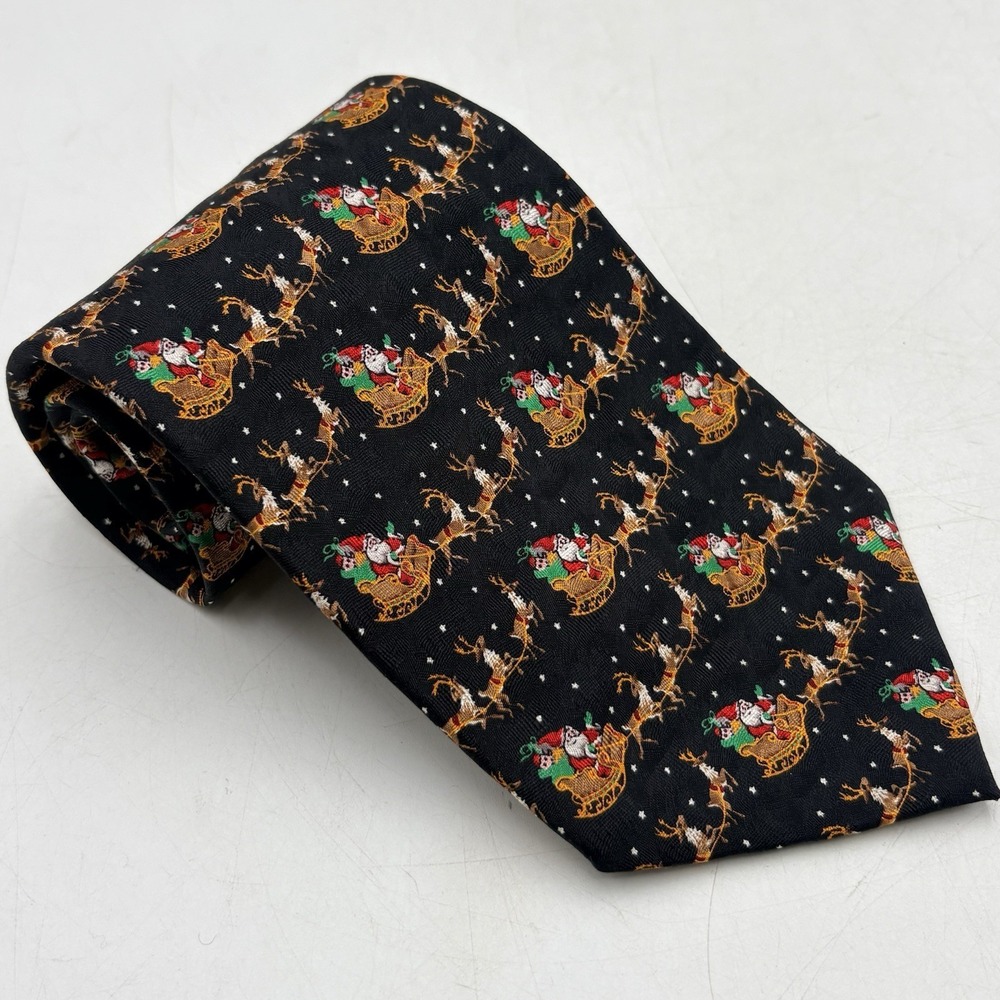 JZ Richards Nordstrom Silk Christmas Tie Santa Sleigh Reindeer Holiday USA